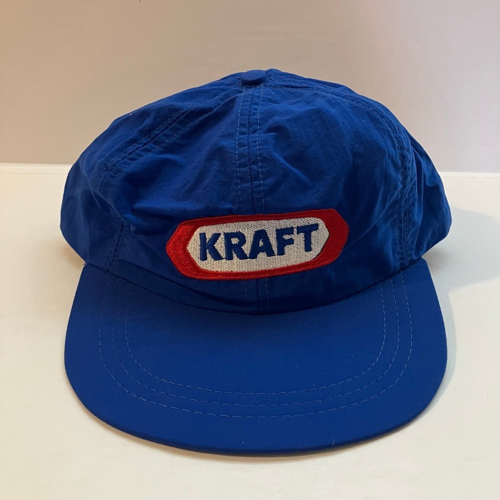 VTG 90s Kraft Food Service blue hat cap red white logo patch snapback